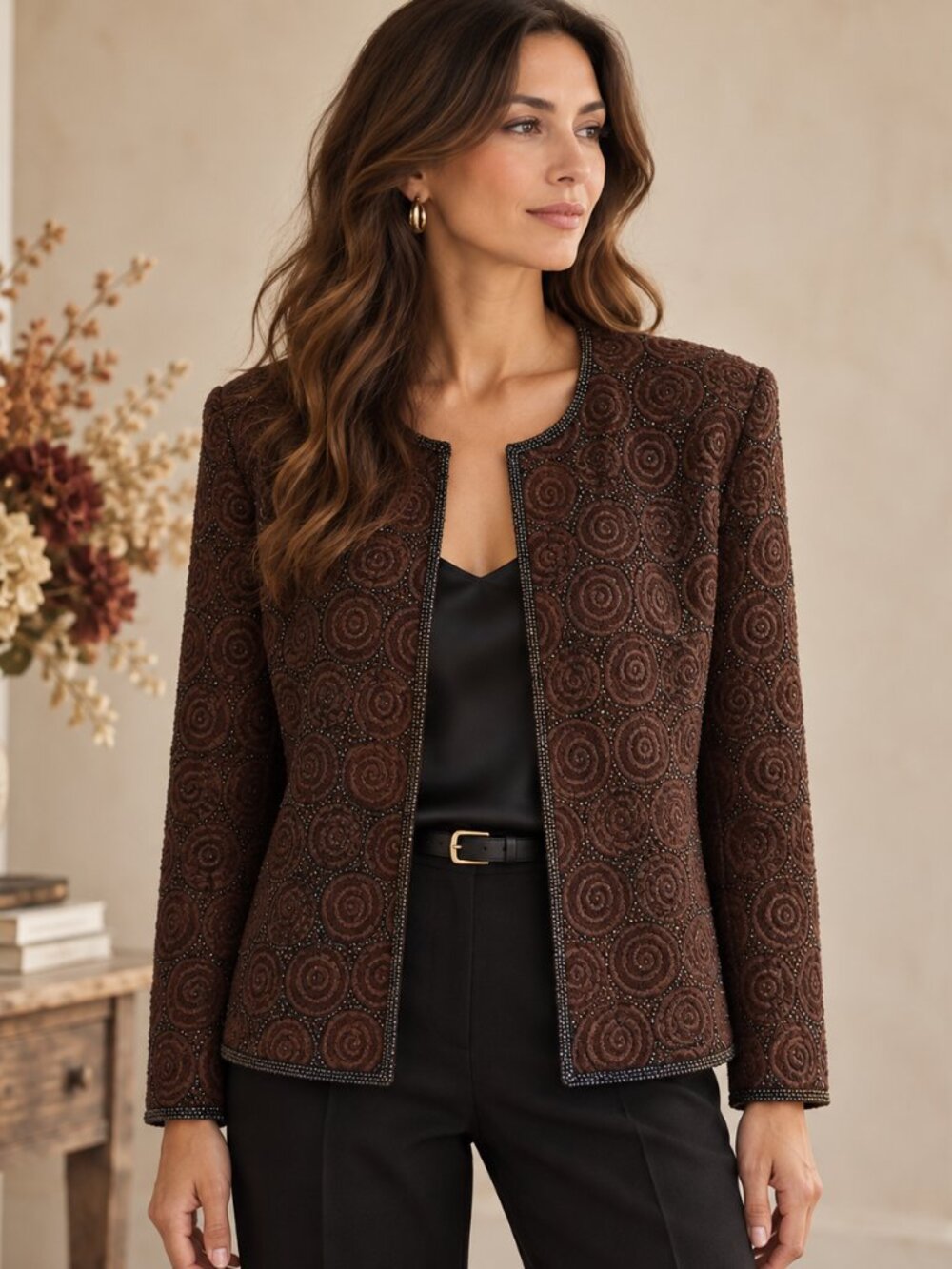 Niteline Silk Beaded Jacket Womens XL Brown Rosette Vintage Evening Classic